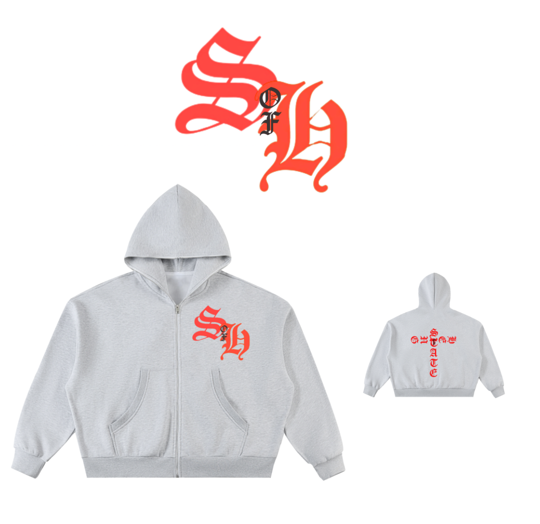 State of Being Full-Zip Boxy Hoodie (GREY & RED)